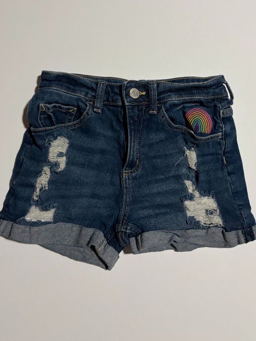 Justice Girls Denim Shorts Size 6 Rainbow Patch Distressed Cuffed Jean Shorts